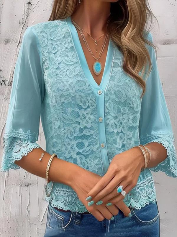 Lace Trim V-neck Cardigan Blouse