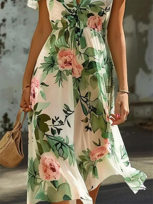 Women's Elegant Floral Regular Fit Dress with Ruffle Sleeves