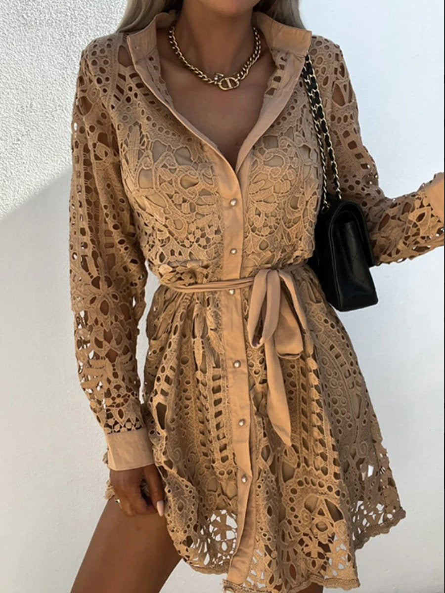 Elegant Lapel Hollow Out Lace Waist Belt Dress