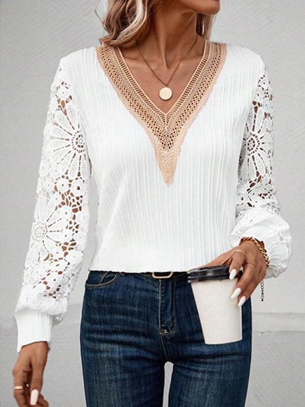 Solid Color V-neck Lace Long-sleeved T-shirt