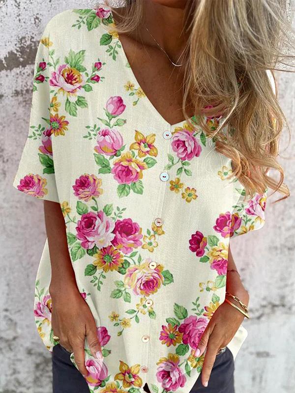 Casual V-neck Printed Short-sleeved Shirt