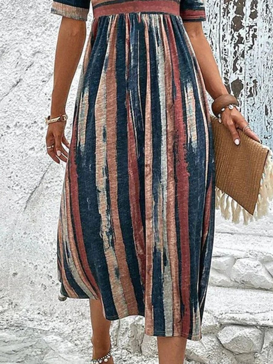 Vintage Stripe Round Neck Maxi Dress