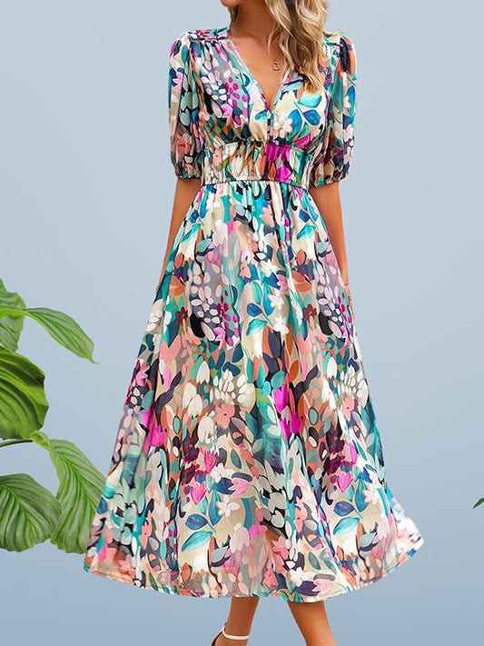 V Neck Floral Midi Dress