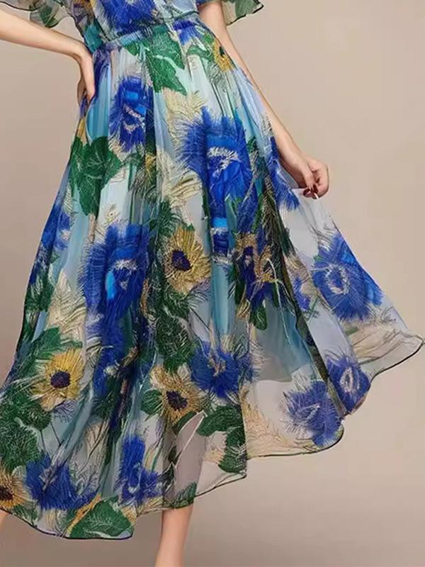 V-neck Ruffled Printed Maxi Dress