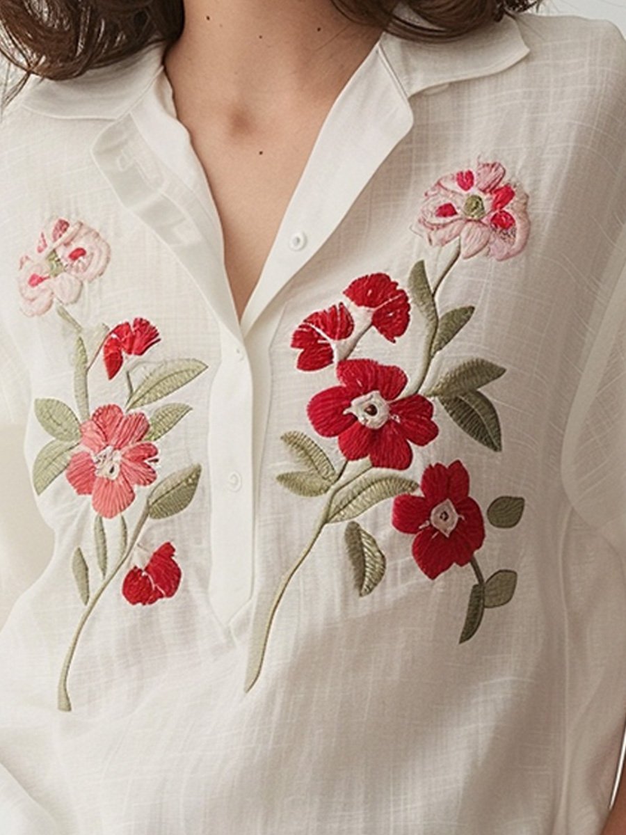 V-neck Embroidered Flower Short-sleeved Shirt