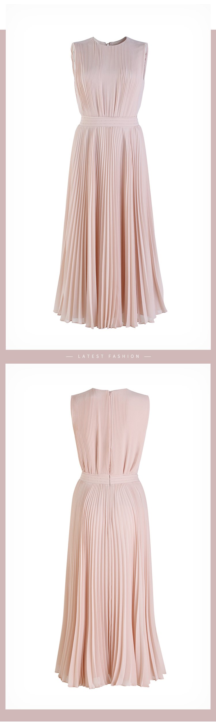 Gentle Pink Pleated Skirt High Waist Vest Dress