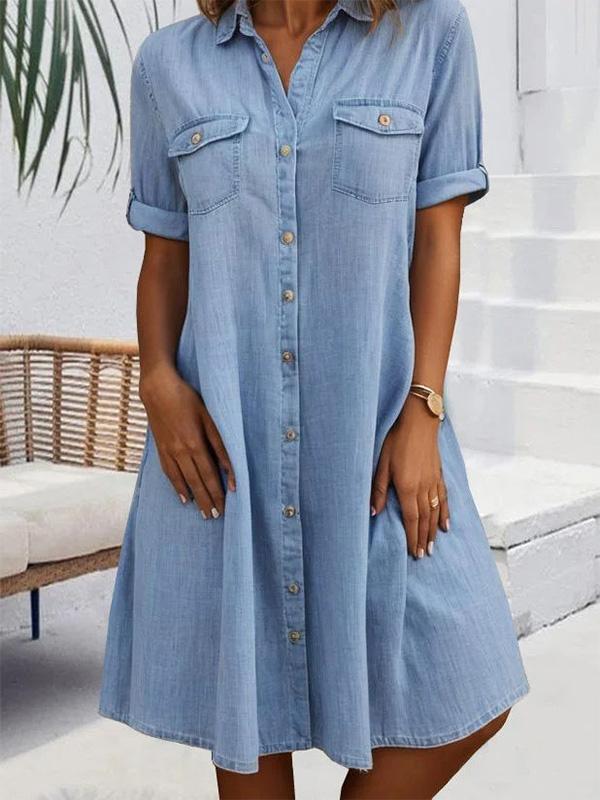 Short Sleeve Shirt Collar Solid Button Midi Dress