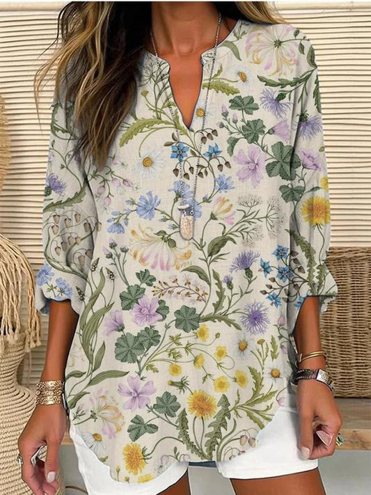 Women's Colorful Wildflower Print Casual Linen V-neck Shirt