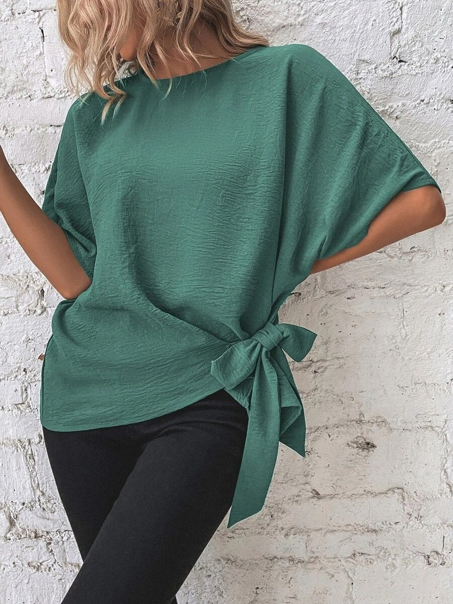 Batwing Sleeves Knotted Hem Plus Blouse