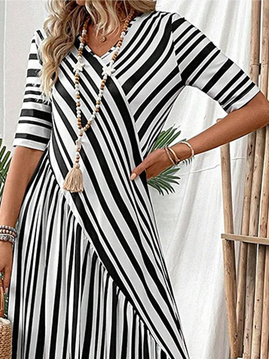 Casual Black and White Color Block V-neck Dress