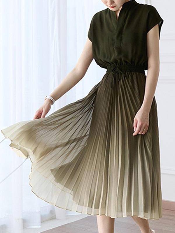 Pleated Gradient Tie Elastic Waist Dress