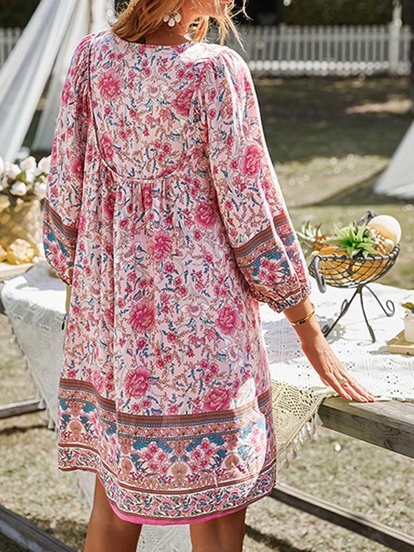 Bohemian Print Long-sleeved V-neck Tie Dress