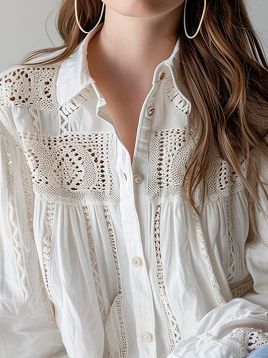 Cotton and Linen Hollow Stitching Long Sleeve Shirt