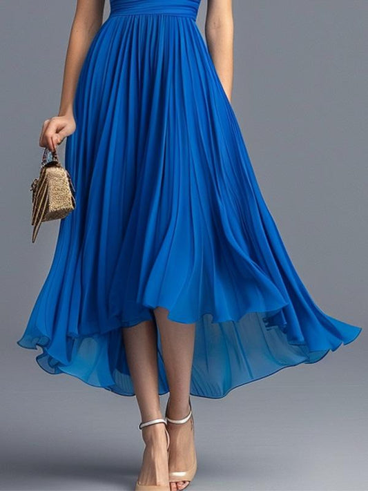 Elegant V-neck Short-sleeved Pleated Midi Dress