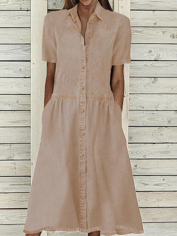 Cotton and Linen Mid-length Sleeve Waisted Solid Color Shirt Midi Dress