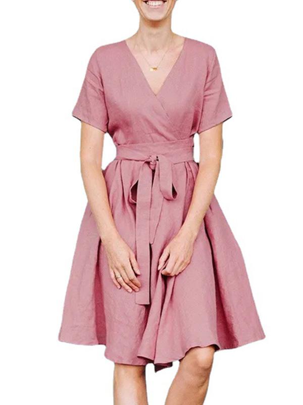 Cotton and Linen V-Neck Pocket Bowknot Midi Dress