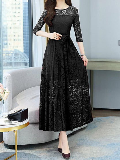 Lace Hollow Round Neck Three-quarter Sleeve Midi Skirt