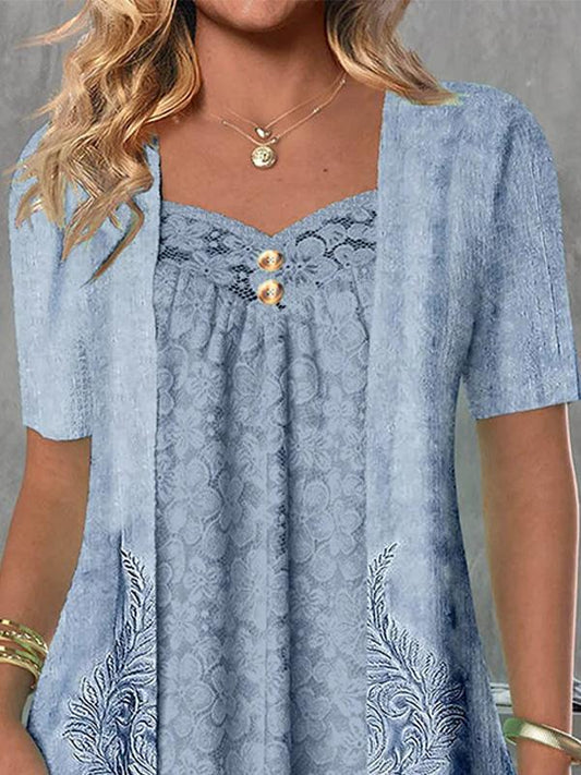 V-Neck Lace Panel Pattern Button Short Sleeve Top