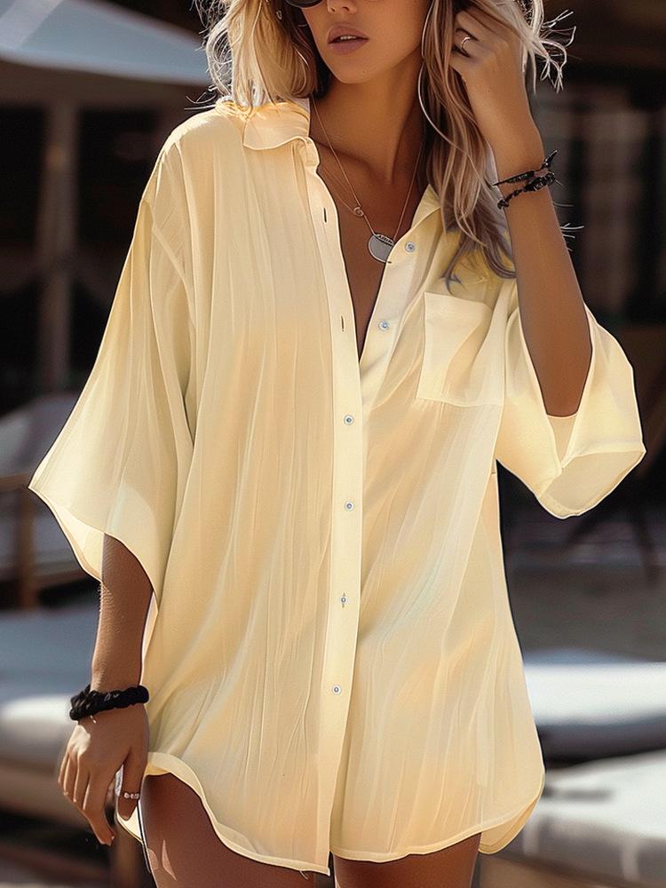 Solid Color Minimalistic Lapel Half Sleeves Shirt