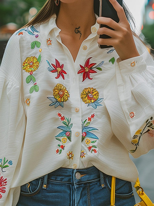 Cotton and Linen Embroidered Flower Long Sleeve Shirt