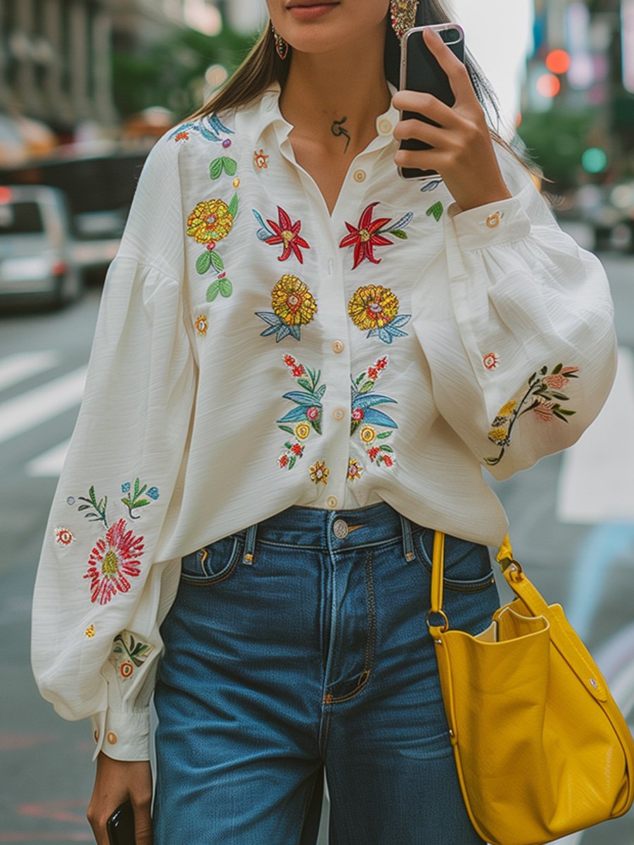 Cotton and Linen Embroidered Flower Long Sleeve Shirt