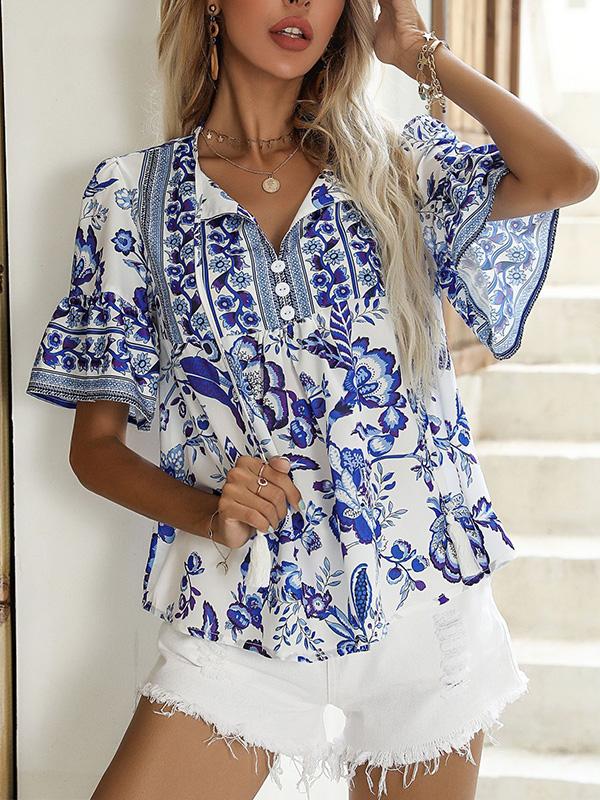 Women's Strappy Printed Bohemian Short-sleeved Shirt 19684748