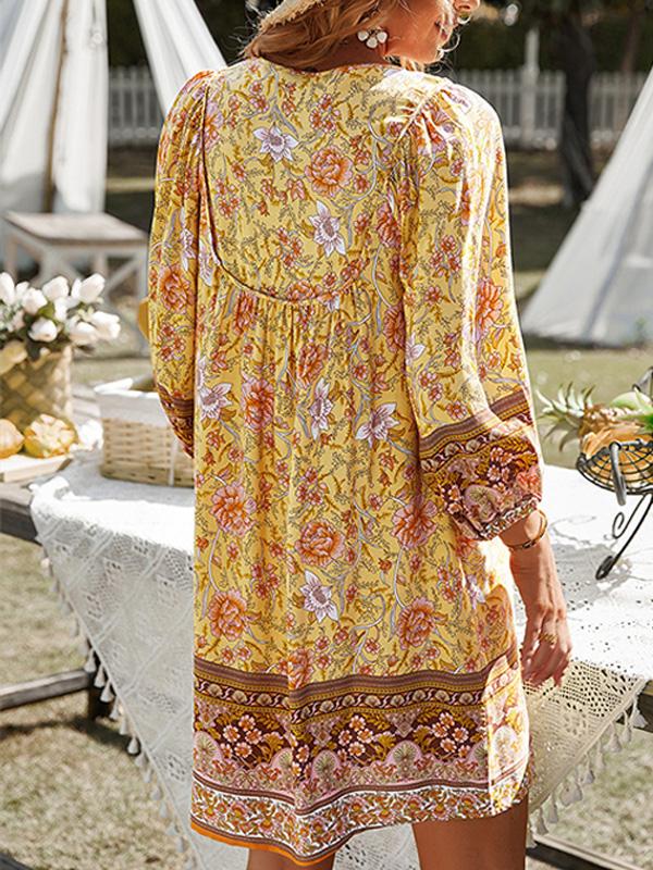 Bohemian Print Long-sleeved V-neck Tie Dress