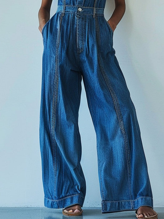 Loose Casual Pocket Elastic Waist Vintage Denim Jumpsuit