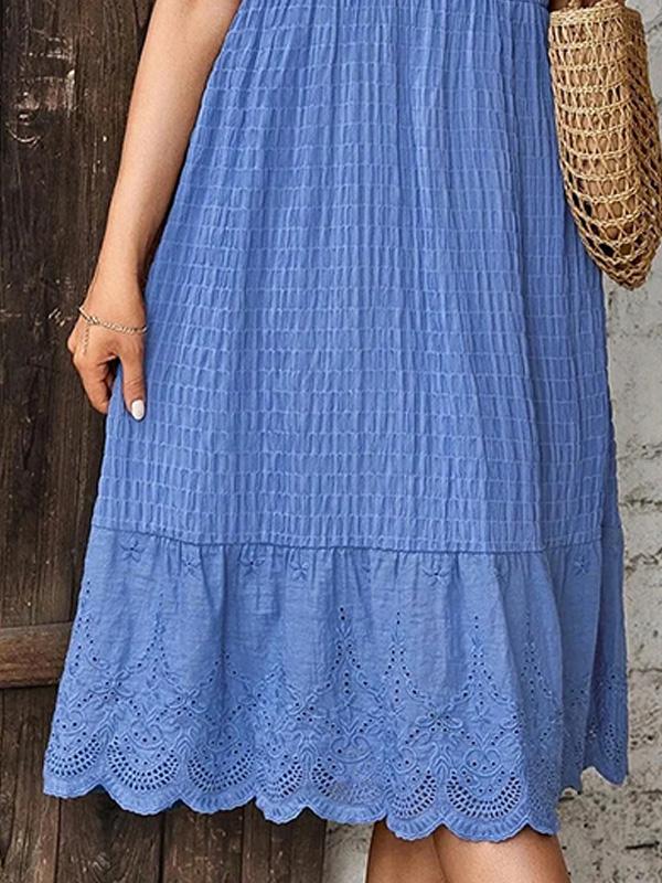 V Neck Solid Lace Short Sleeve Midi Dress