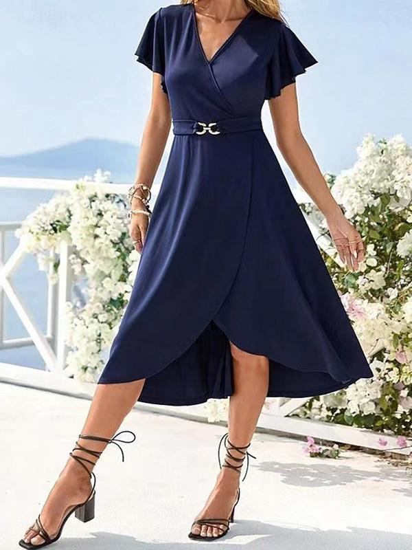 V-neck Flowy Slim Fit Asymmetric Short Sleeve Midi Dress