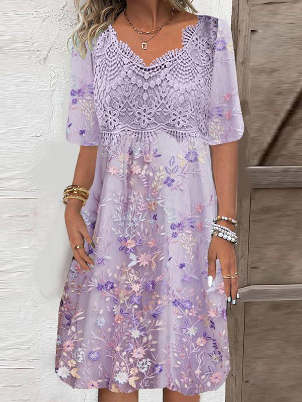 Short Sleeve Crewneck Lace Floral Print Midi Dress