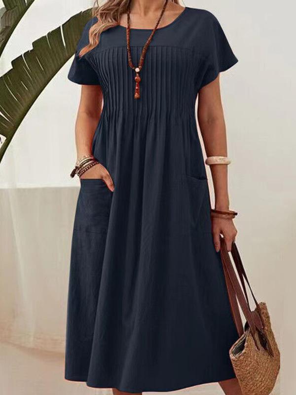 Cotton and Linen Comfortable Round Neck Pocket Loose Dress