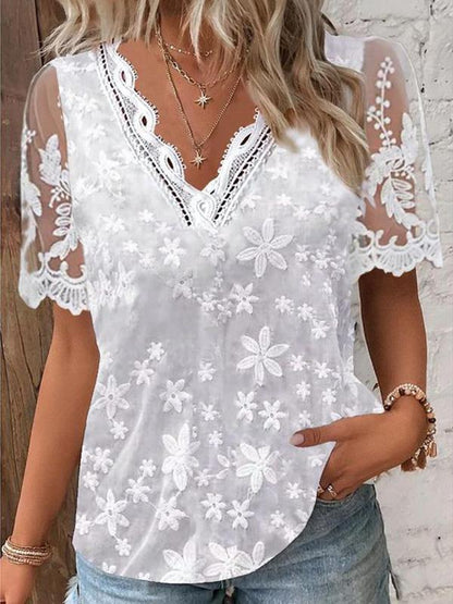 Embroidered Lace V-neck Lace Short-sleeved Pullover Shirt