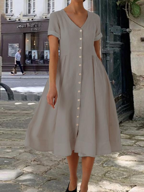 Cotton and Linen V-neck Everyday Shift Dress