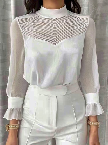 Mock Neck Mesh Long Sleeve Elegant Blouse