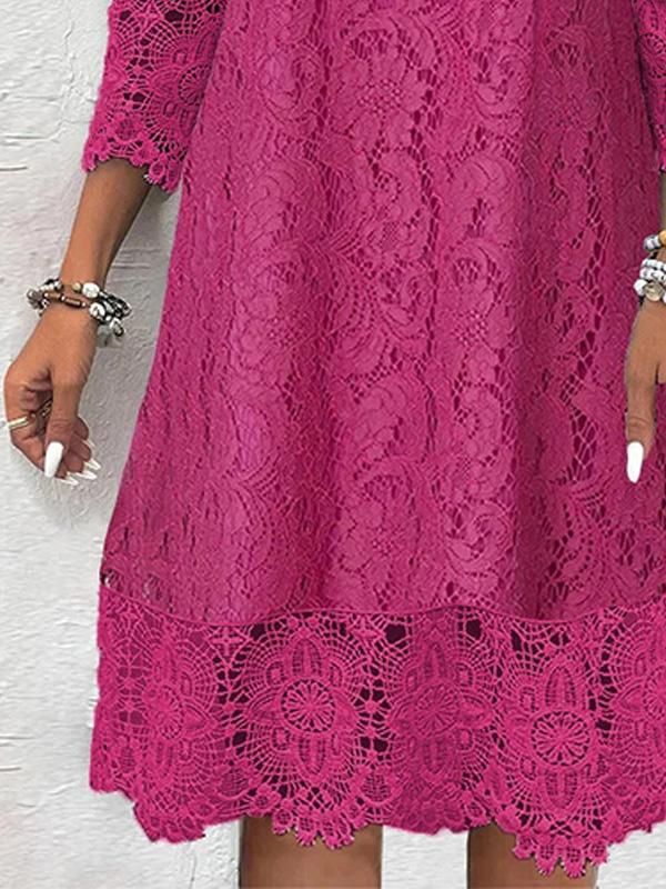 3/4 Sleeve V Neck Solid Lace Midi Dress