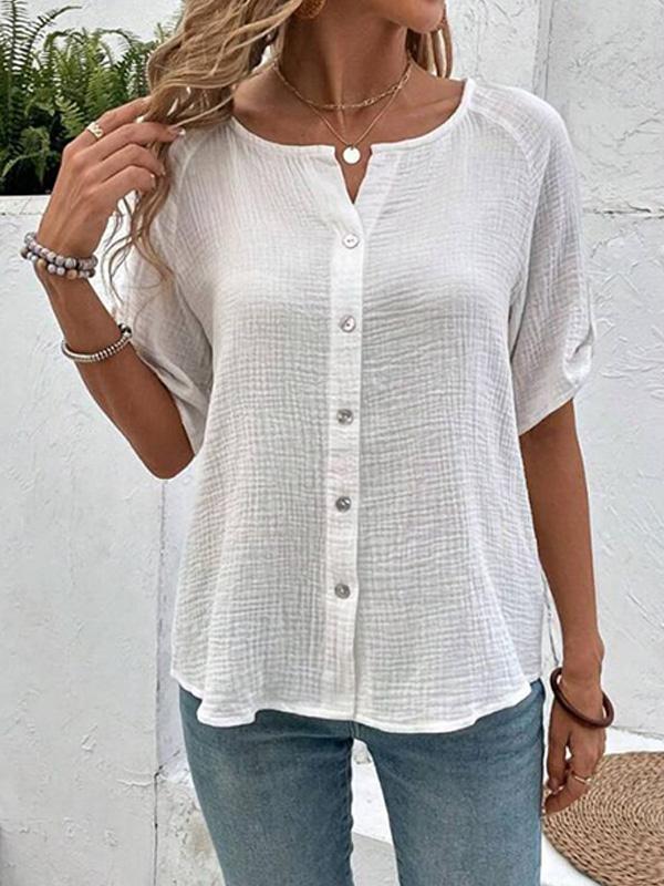 Stylish Solid Color Short Sleeve Button Up White Shirt