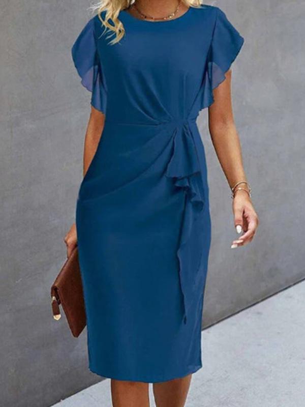 Round Neck Ruffle Sleeves Solid Color Temperament Midi Dress