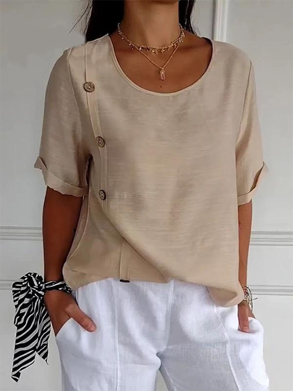 Cotton and Linen Round Neck Elbow Sleeve Button Top