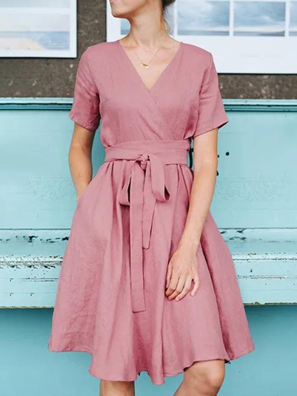 Cotton and Linen V-Neck Pocket Bowknot Midi Dress