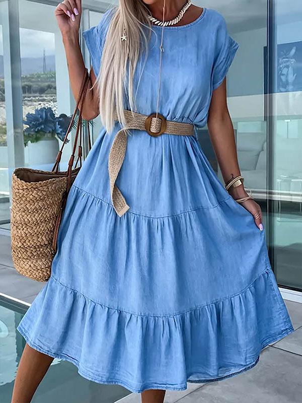 Pure Cotton Belted Multi-layered Hem Loose A-line Dress