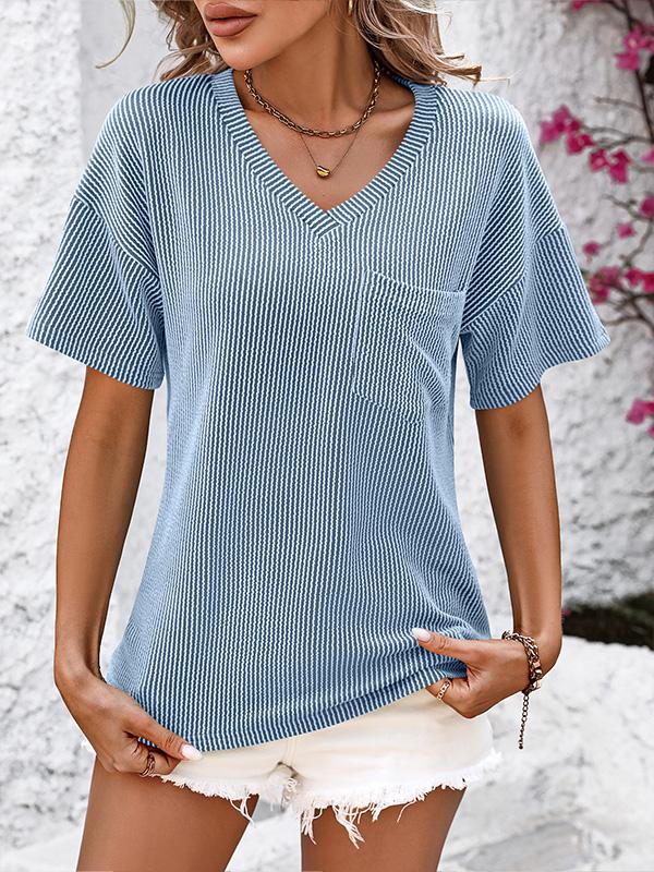 V-neck Twisted Strip Color-blocked Loose Short-sleeved T-shirt