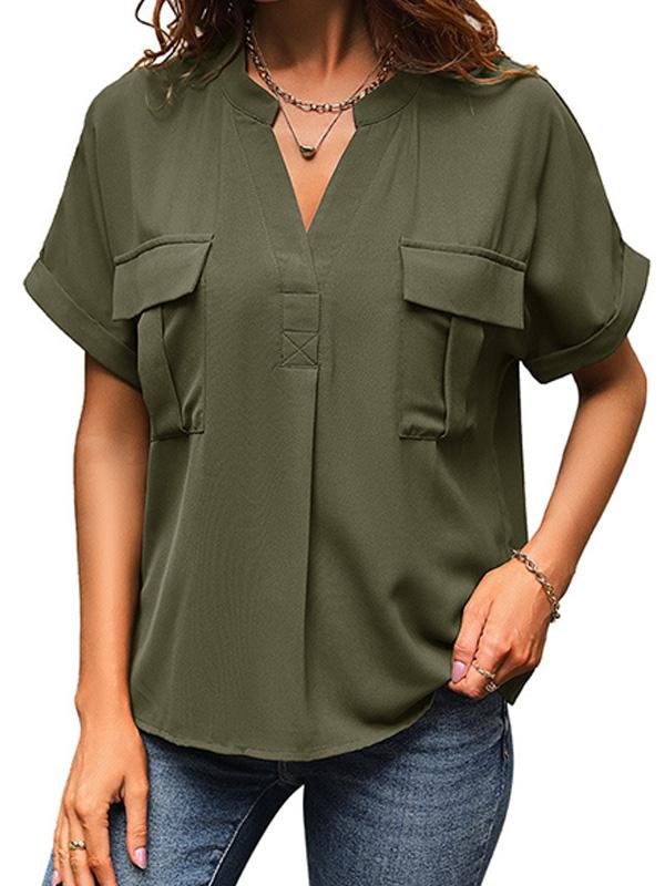 Solid Color V-neck Pocket Short-sleeved Shirt 22982116