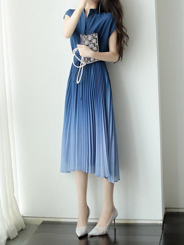 Pleated Gradient Tie Elastic Waist Dress