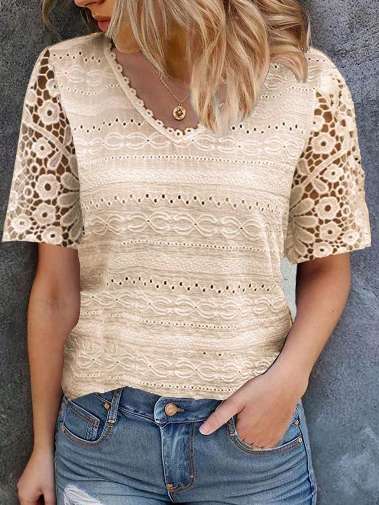 V-neck Lace Patchwork Hollow out Blouse