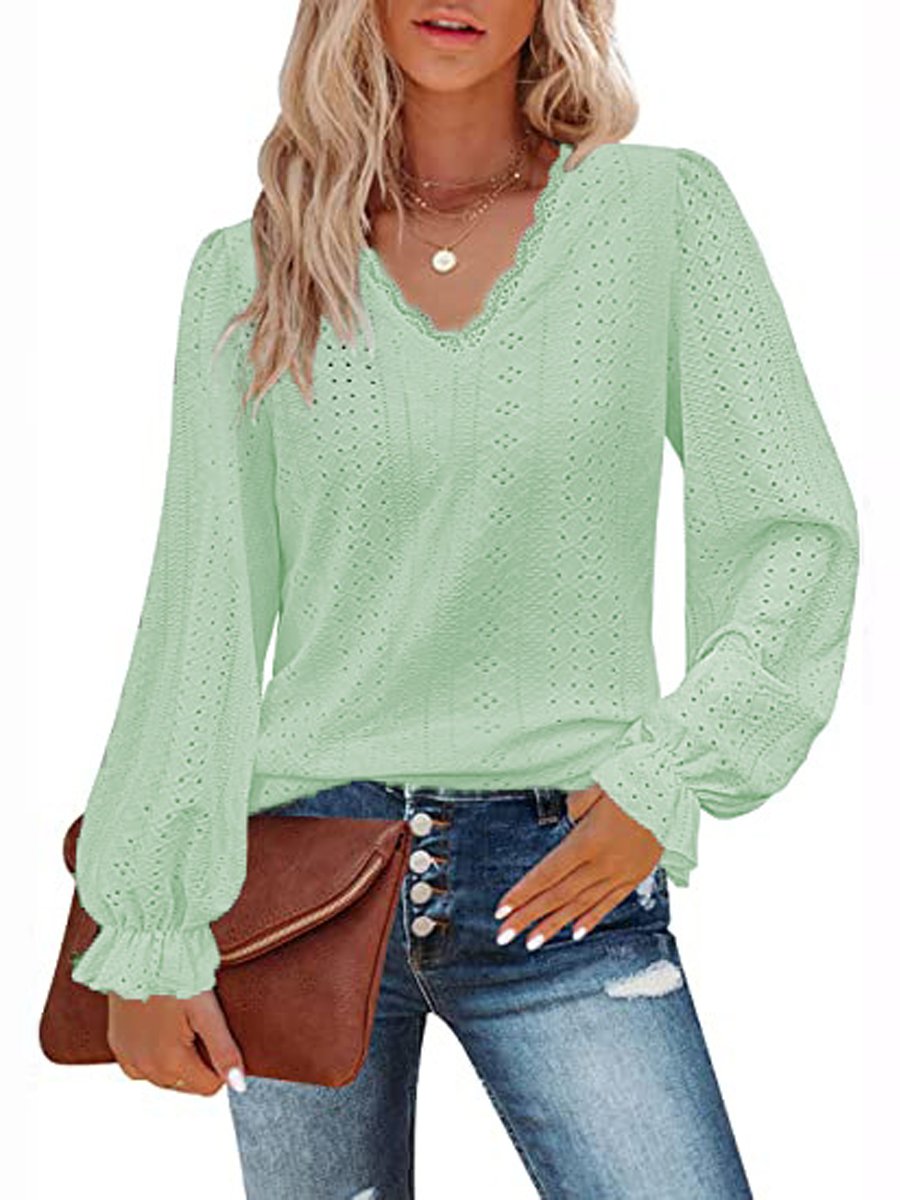 V-neck Cutout Jacquard Casual Long Sleeve Shirt