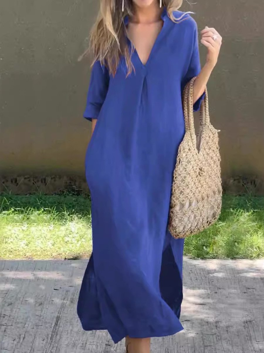 V-neck Side-slit Front Pleated Pockets Dress