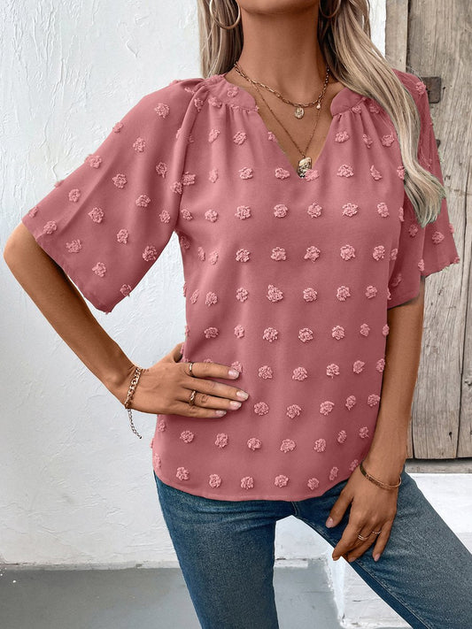 V-neck Jacquard Loose Short Sleeves Blouse