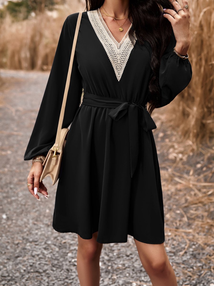 Elegant Lace Trim Tie-waist Shift Dress