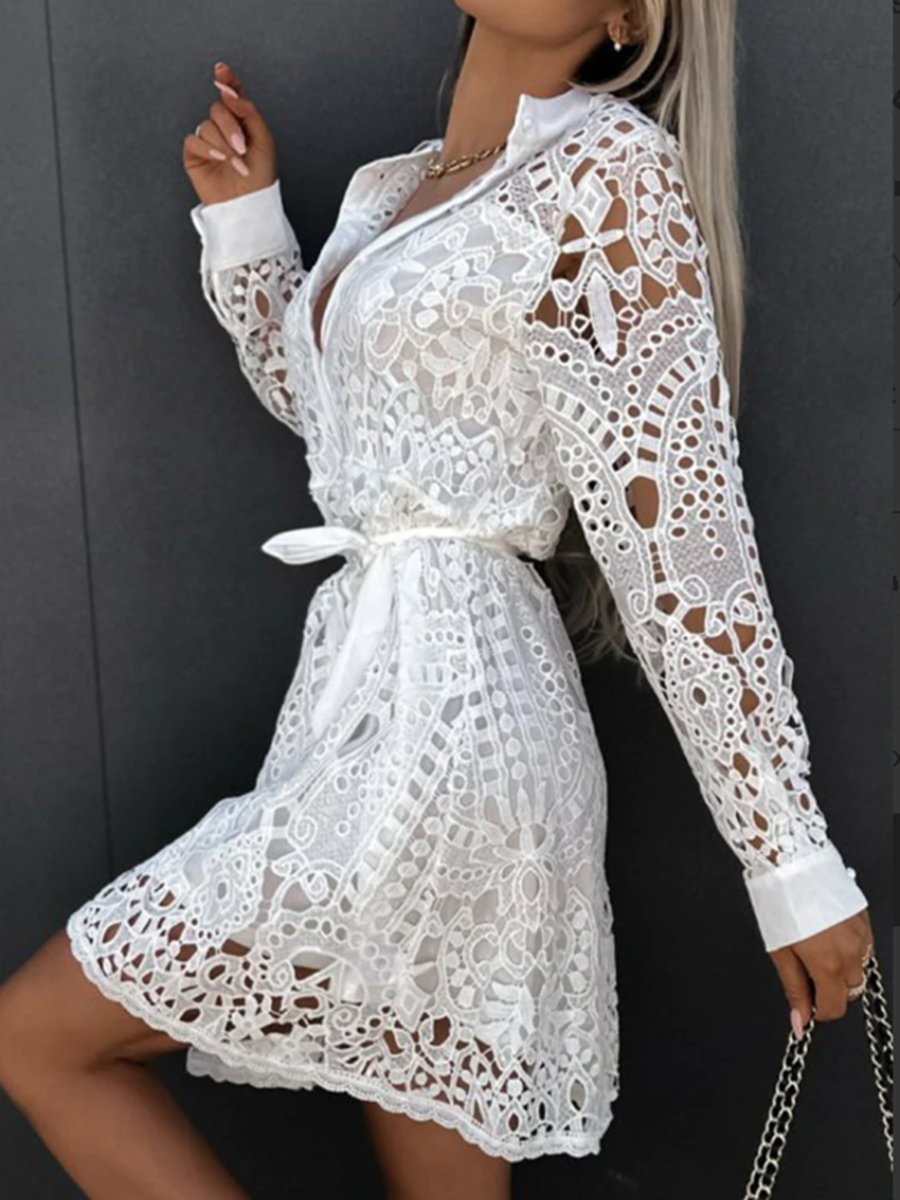 Elegant Lapel Hollow Out Lace Waist Belt Dress